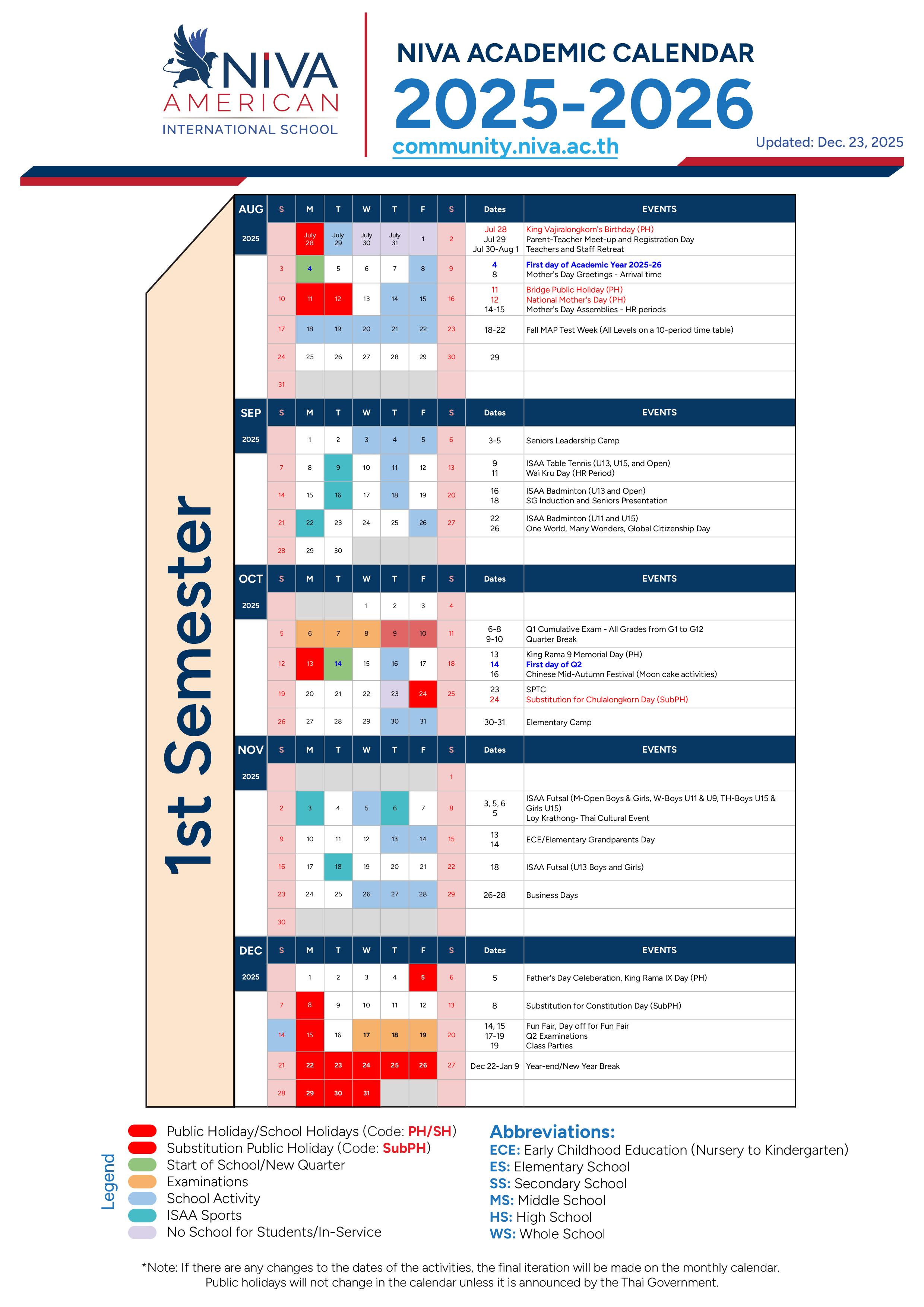 NIVA American International School Calendar Page 1