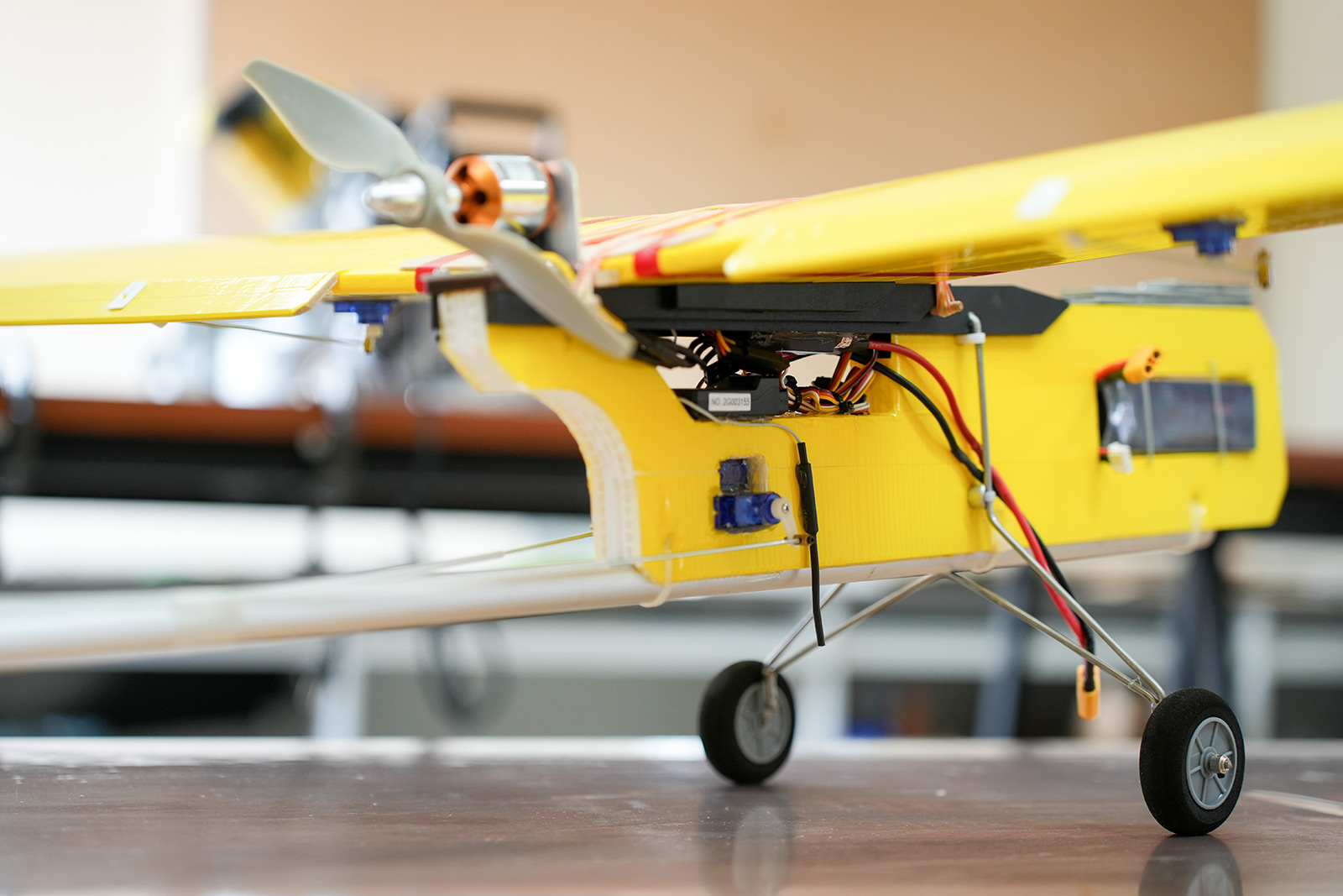 Close-up of wiring on a model airplane